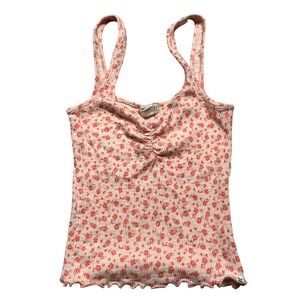 Billabong Ribbed Floral Ruched Tank Top Women's M Pink Orange Crop Surfer Summer
